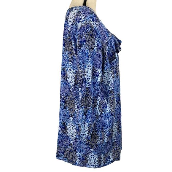 NY Collection X-Large Top Geometric 3/4 Sleeve Ruffled Keyhole Neck Stretch Blue - Picture 2 of 7